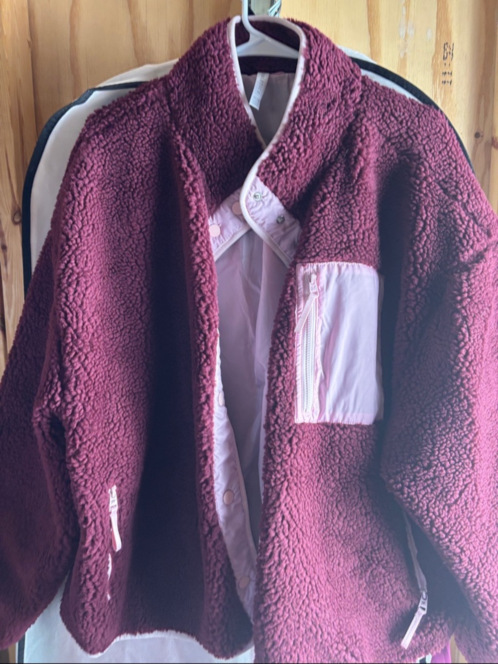 Fabletics Burgundy Teddy Jacket with Light Pink Trim
